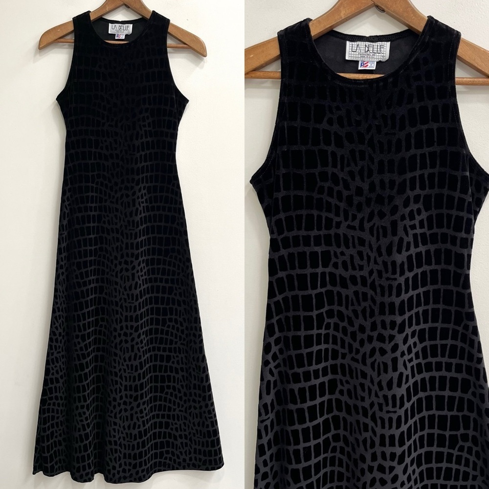 Vintage black sleeveless burnout velvet maxi dress with a crocodile print